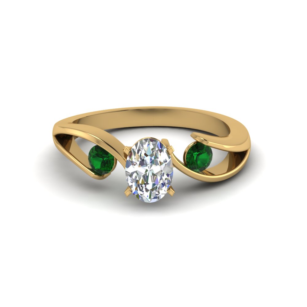 3 Stone Rings With Oval Diamond & Emerald