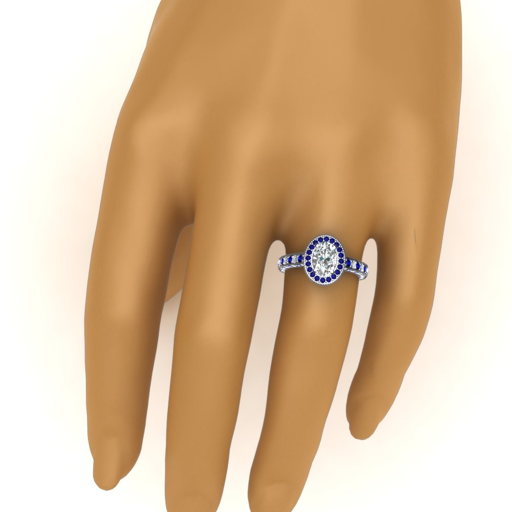 Oval Shaped Gleaming Milgrain Ring with Blue Sapphire in 14K White Gold