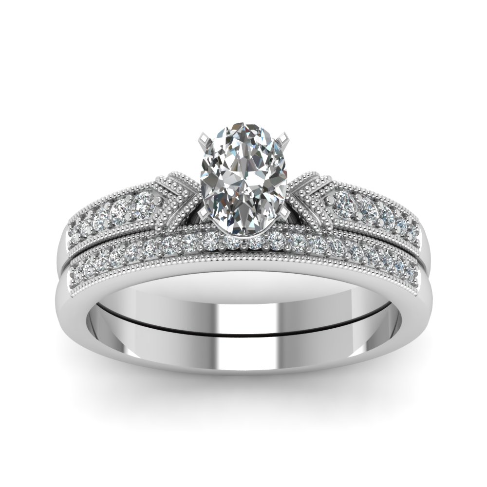 Antique Pave Oval Diamond Wedding Ring Set In 14K White Gold ...