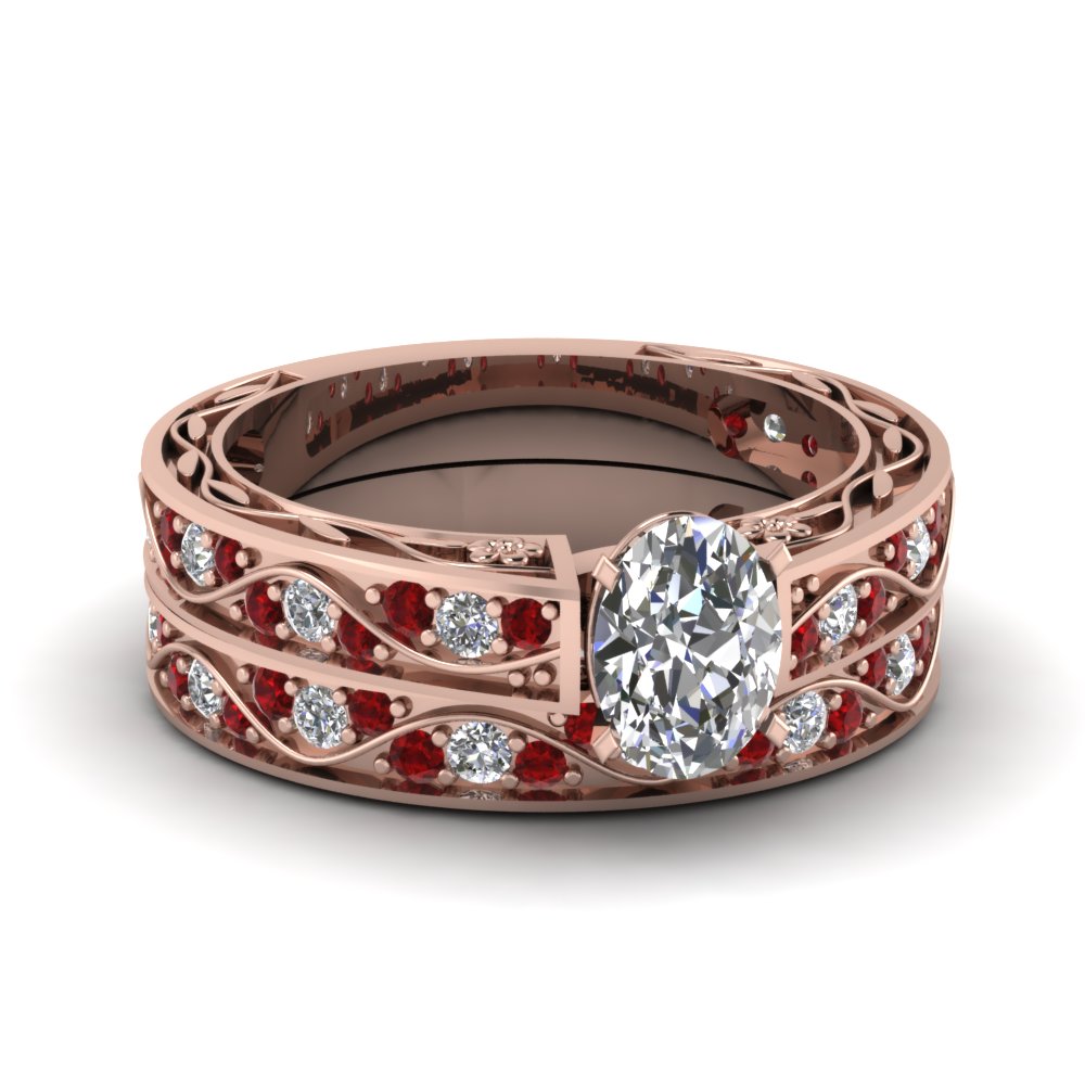 oval shaped diamond shank wave wedding set with red ruby in 18K rose gold FDENS3543OVGRUDR NL RG