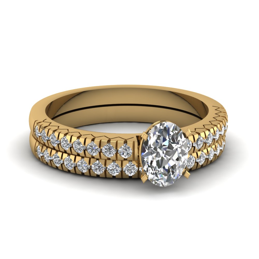 French Pave Oval Shaped Diamond Petite Bridal Ring Set In 14k