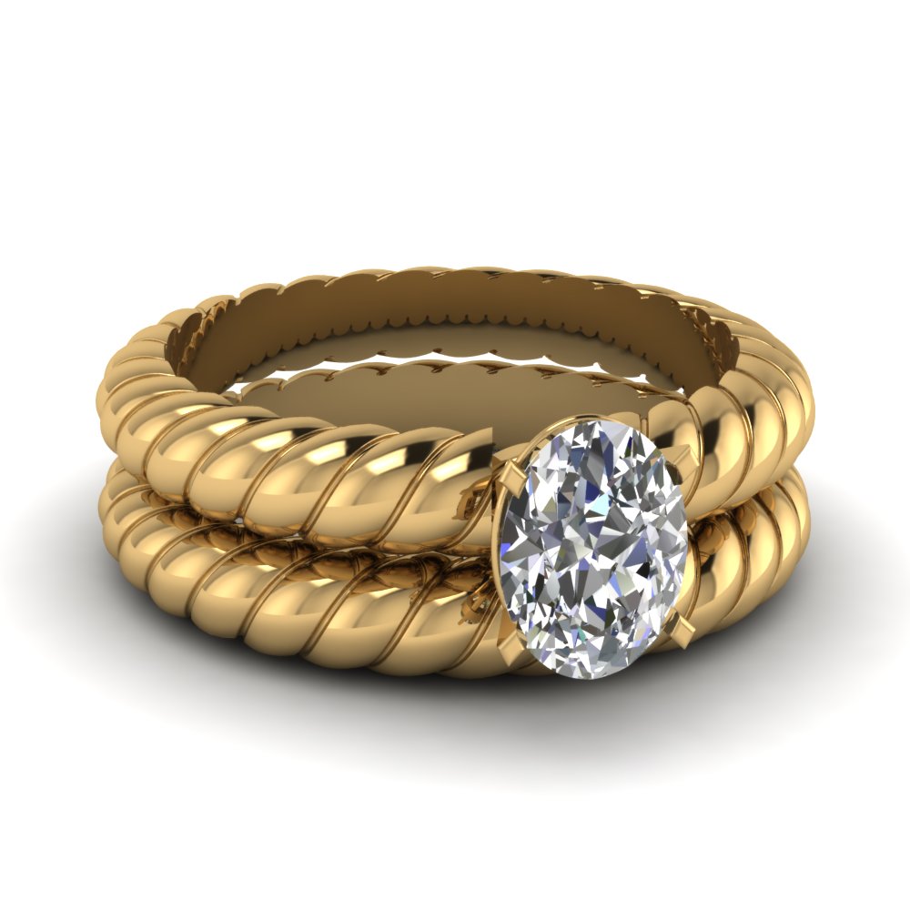 Oval Shaped Rope Solitaire Wedding Ring Set In 18K Yellow