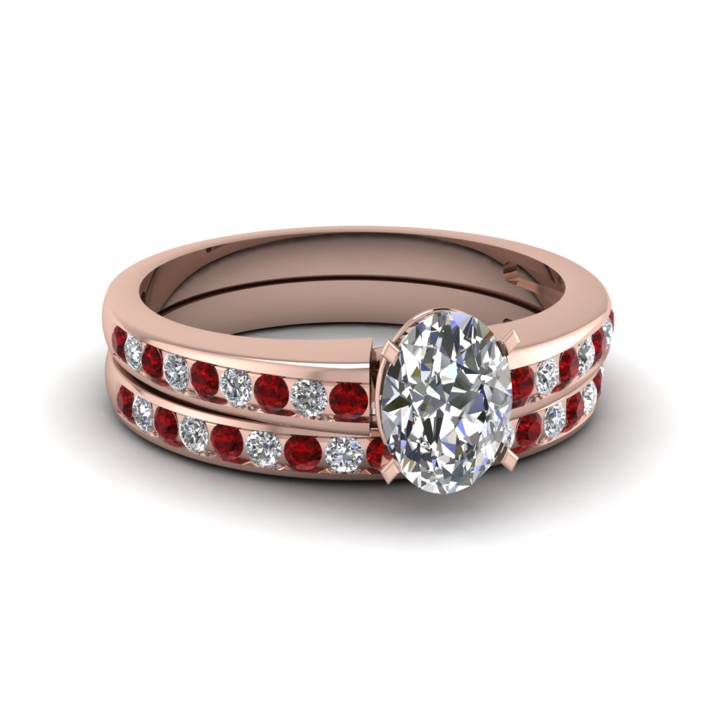 Oval Channel diamond Wedding Set With Ruby In 18K Rose Gold ...