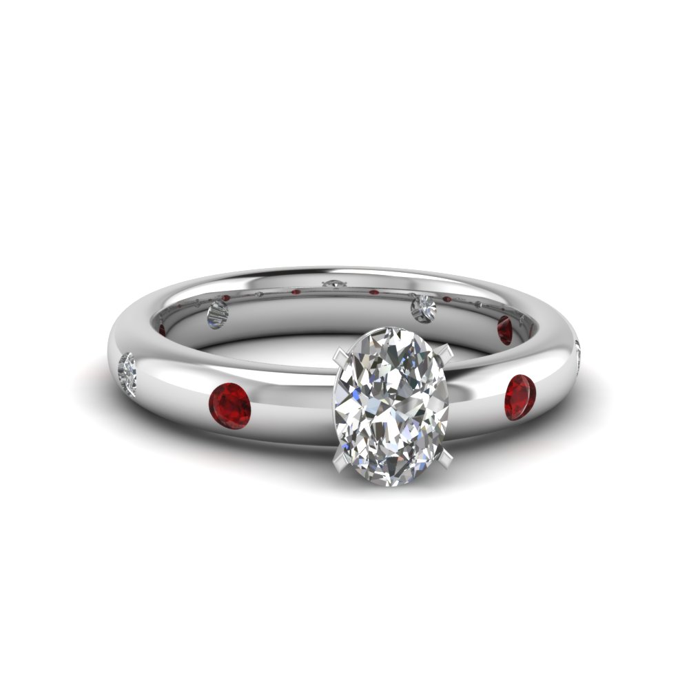 Oval Shaped Flush Set Diamond Engagement Ring With Ruby In 950 Platinum ...