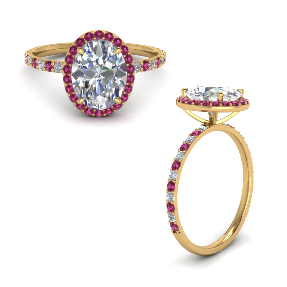 oval shaped halo diamond engagement ring with pink sapphire in 14K yellow gold FD8490OVRRGSADRPIANGLE1 NL YG