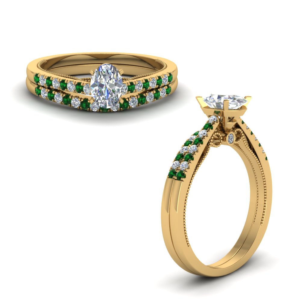 Oval Shaped High Set Milgrain Diamond Wedding Ring Set