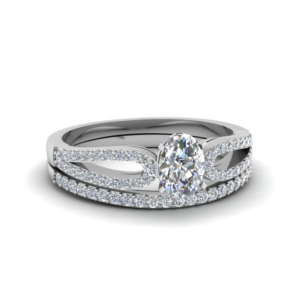Oval Shaped Loop Split Diamond Wedding Ring Set In 14K White Gold ...