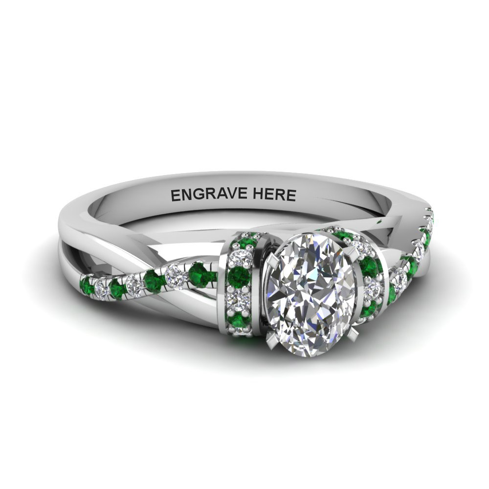 oval shaped personalized pave split diamond engagement ring with emerald in FD8659OVRGEMGR NL WG EG