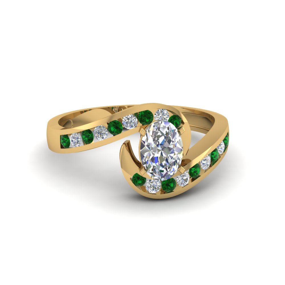 oval shaped twist channel set diamond engagement ring with emerald in 18K yellow gold FDENS594OVRGEMGR NL YG