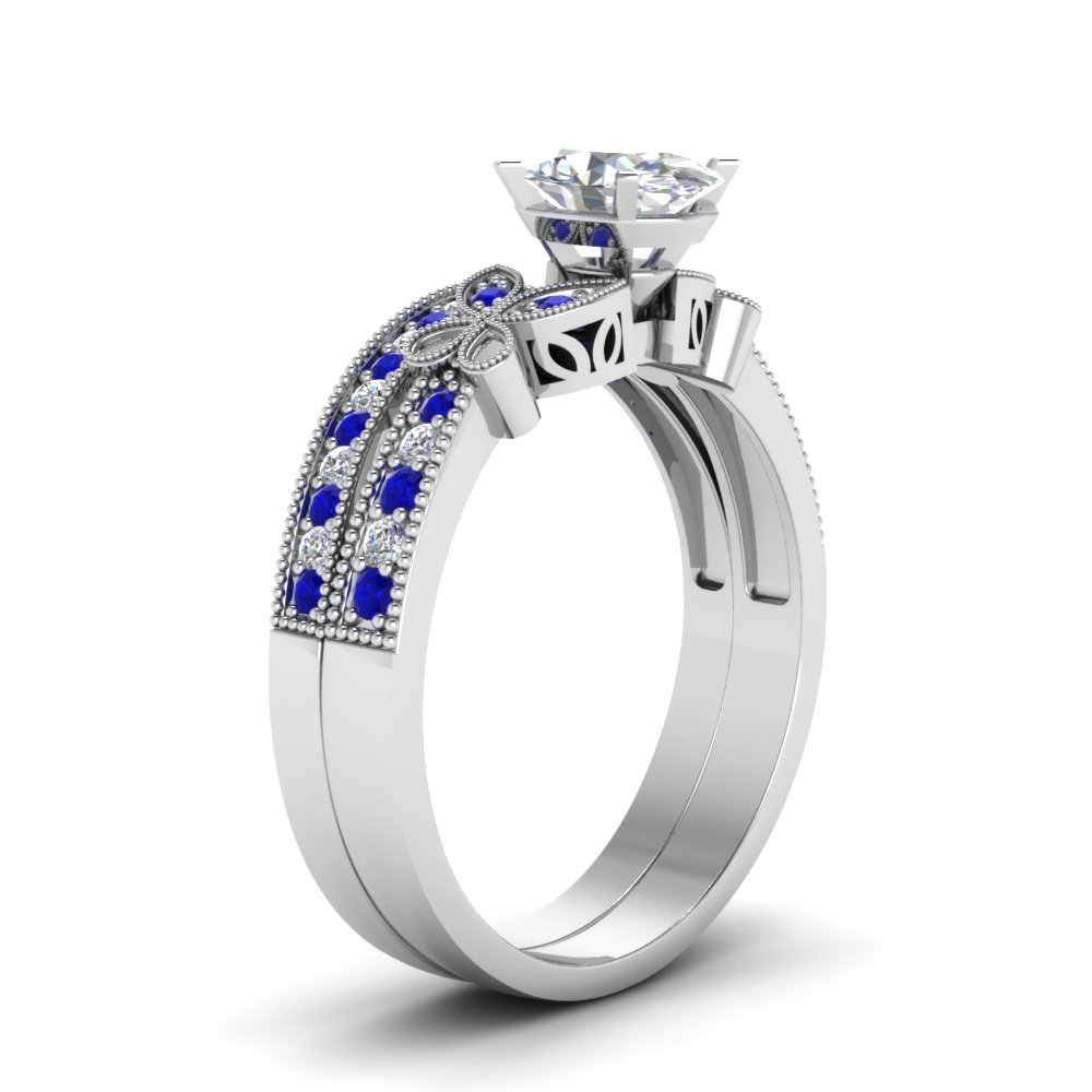 Vintage Butterfly Oval Diamond Engagement Ring Set With Sapphire In 14K ...
