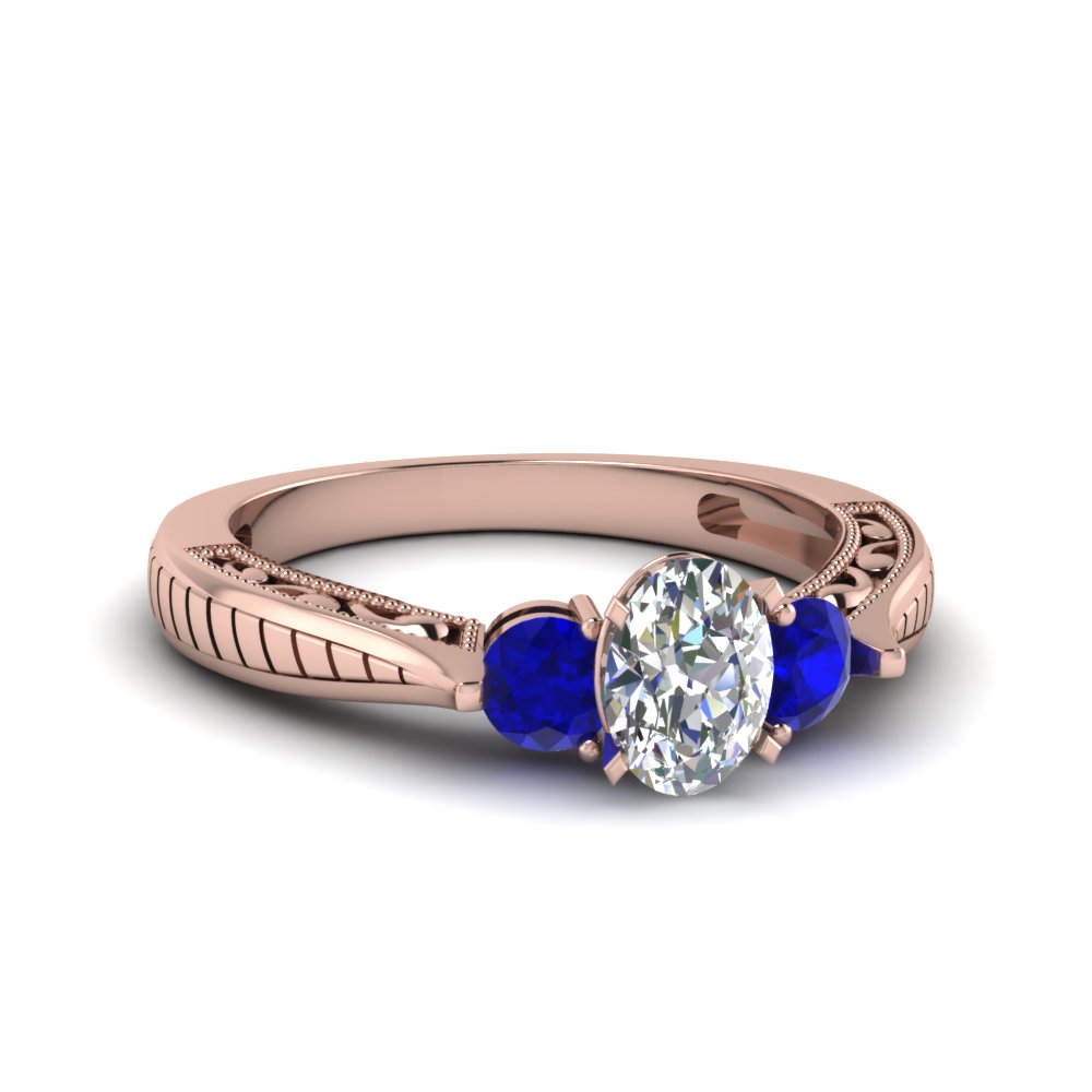 Oval Shaped Vintage Style Three Stone Engagement Ring With Sapphire In ...