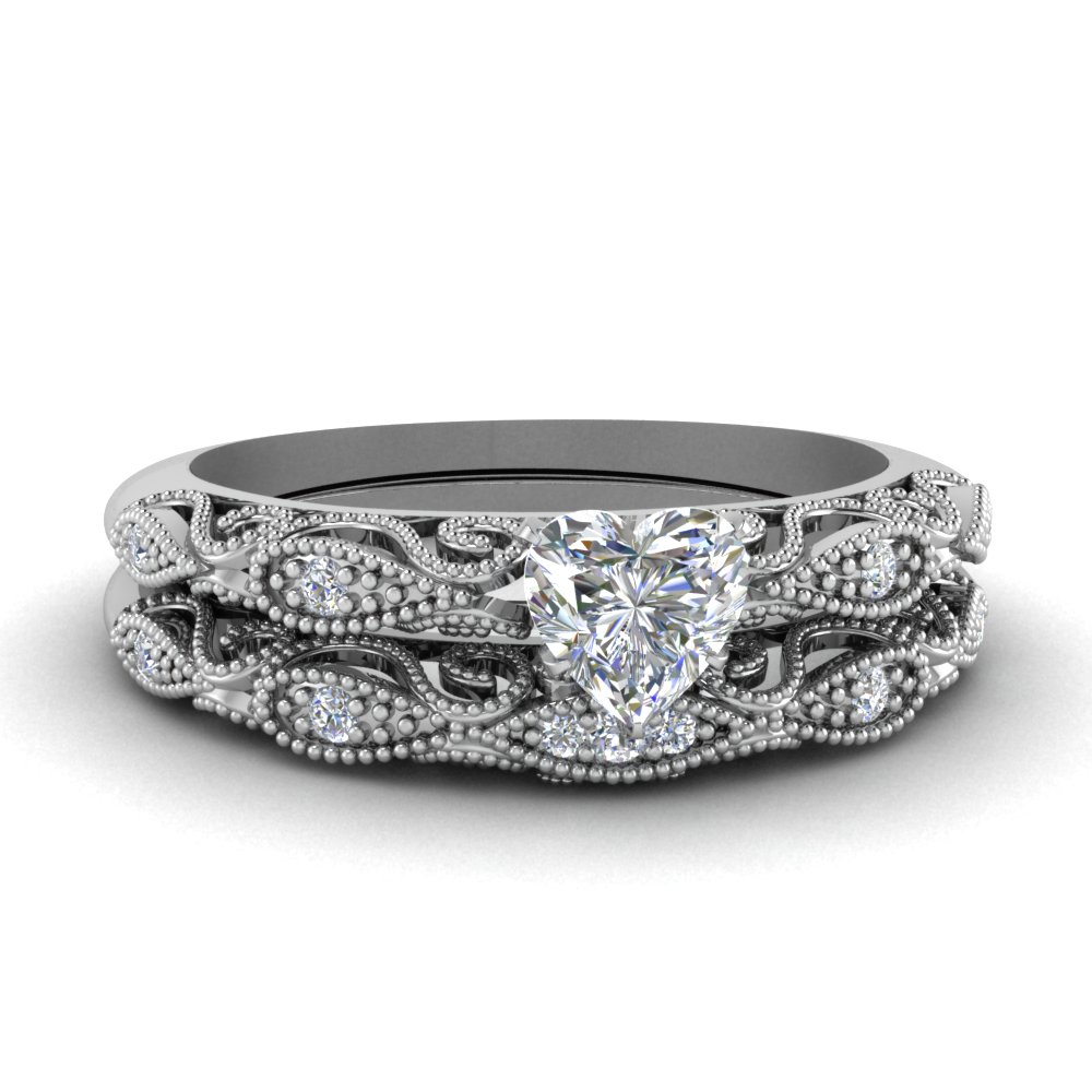Paisley Heart Diamond Wedding Ring Set In 14K White Gold