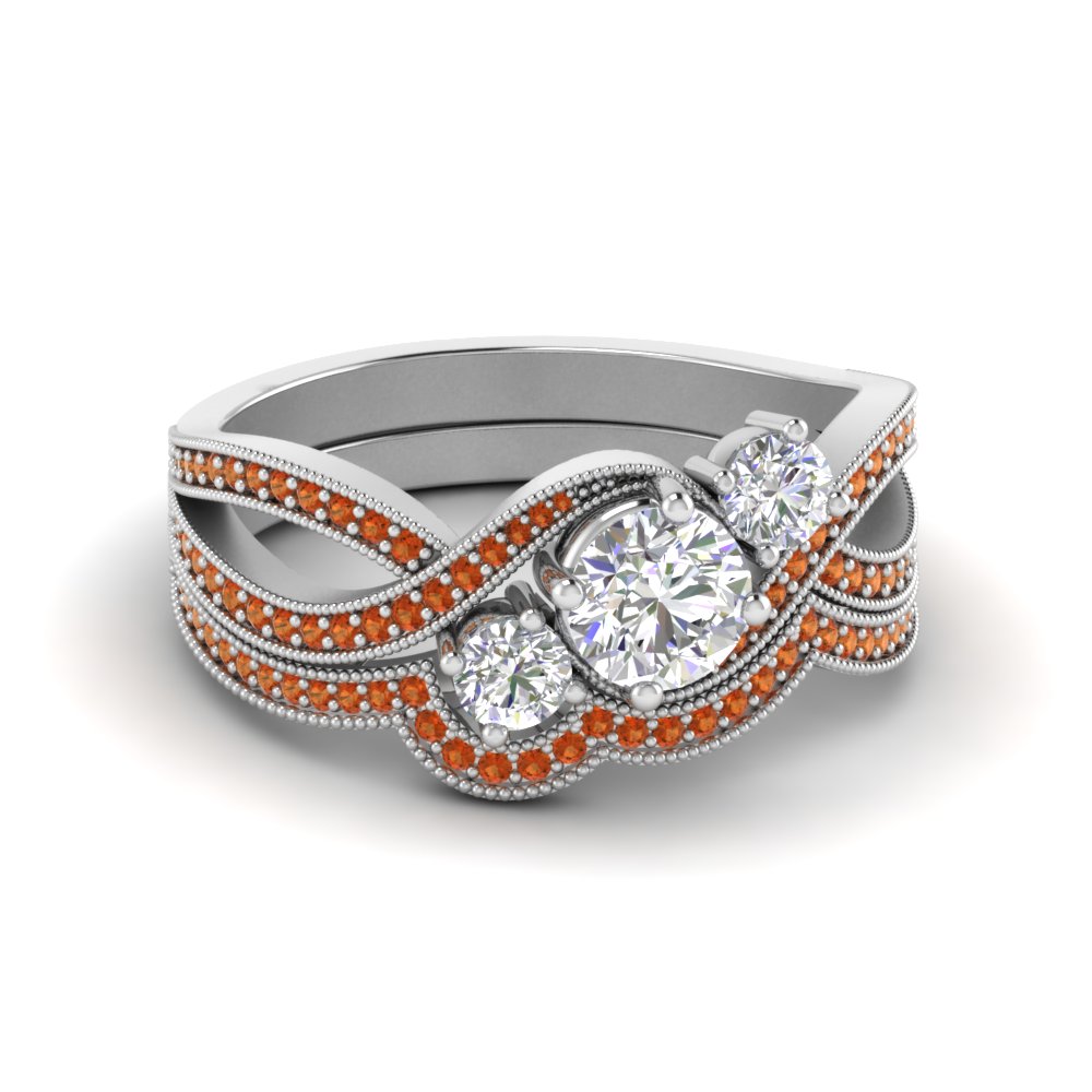 Orange Sapphire 3 Stone Wedding Set