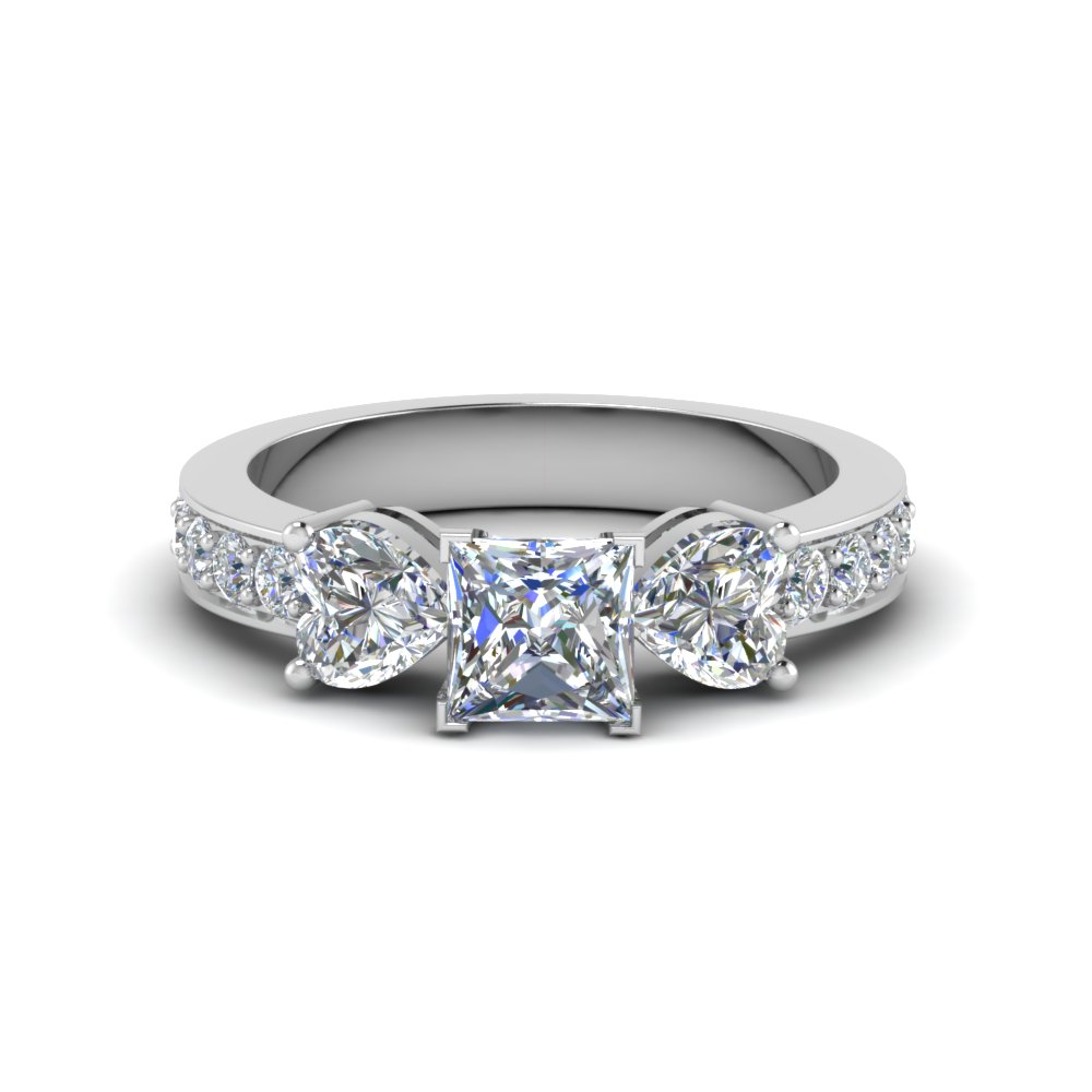 Pave 3 Stone Princess Cut Diamond Engagement Ring 2 Carat In 14k