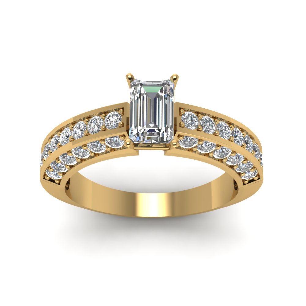 Pave Accent Diamond Emerald Cut Engagement Ring In 18K Yellow Gold ...
