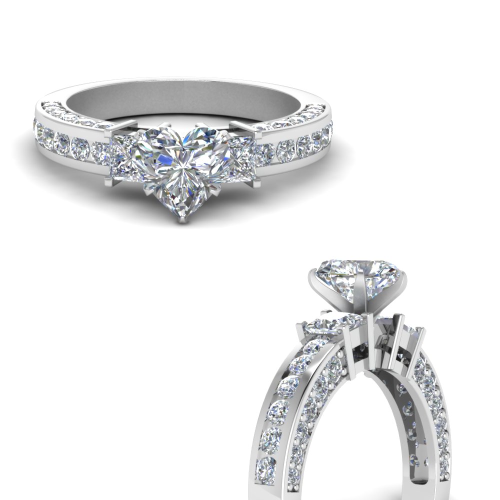 Pave And Channel Side Stone Heart Shaped Diamond Engagement Ring In 18K ...