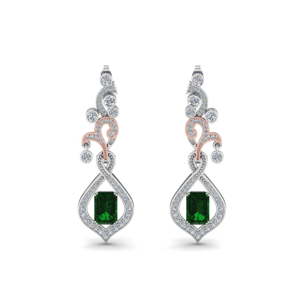 pave diamond dangle drop earring with emerald in 14K white gold FDEAR8560GEMANGLE1 NL WG