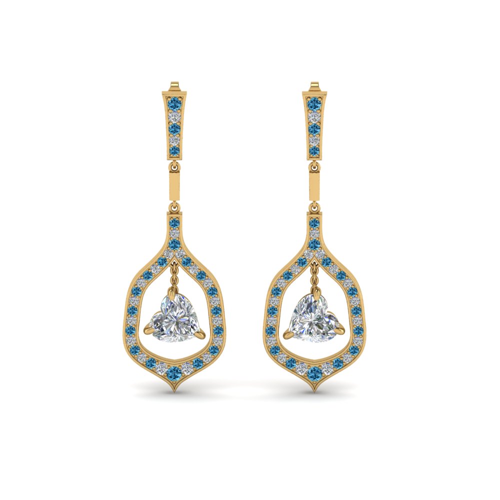 1Ct Diamond & Blue Topaz Heart Shaped Dangle Leverback Earrings 14K Yellow Gold 