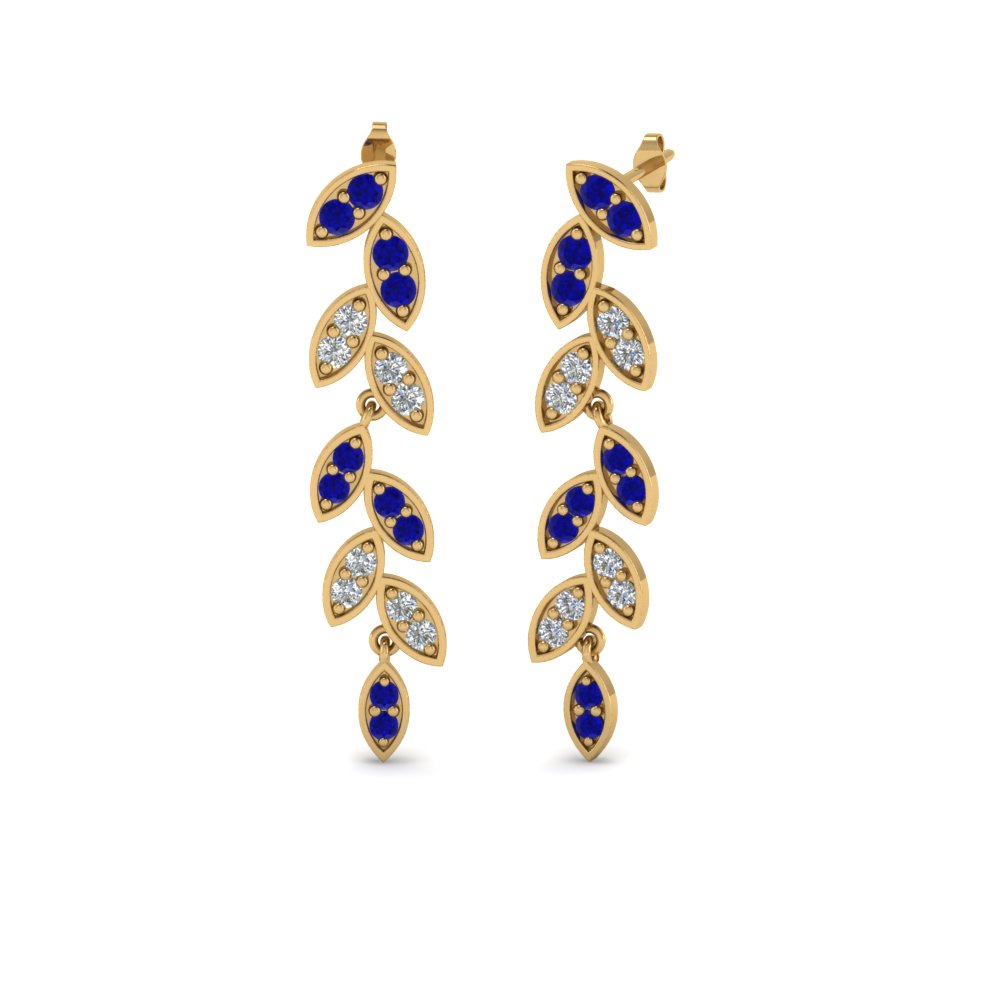 pave diamond leaf drop earring with blue sapphire in 14K yellow gold FDEAR8334GSABL NL YG