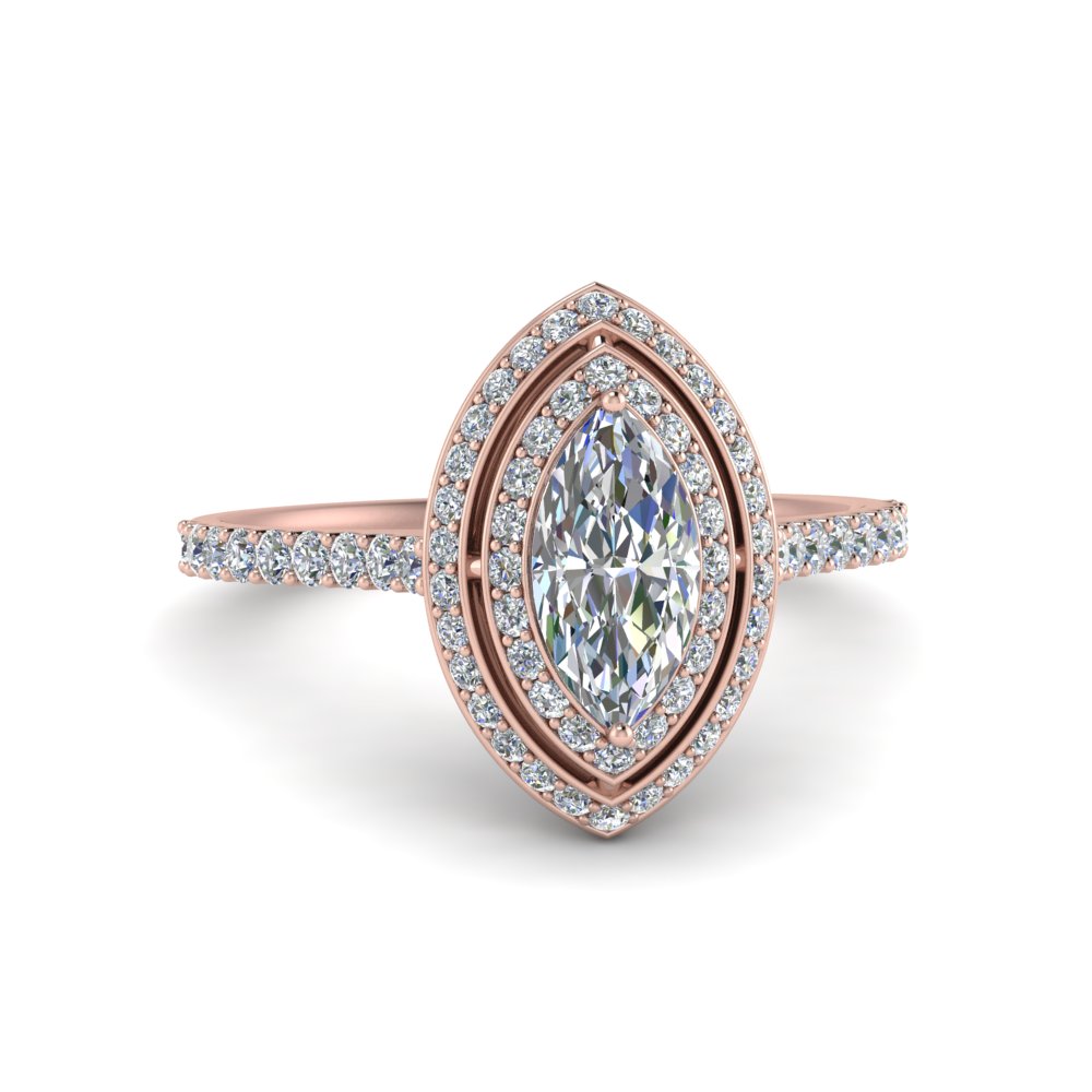 Pave Diamond Marquise Cut Double Halo Engagement Ring In 14K Rose Gold ...