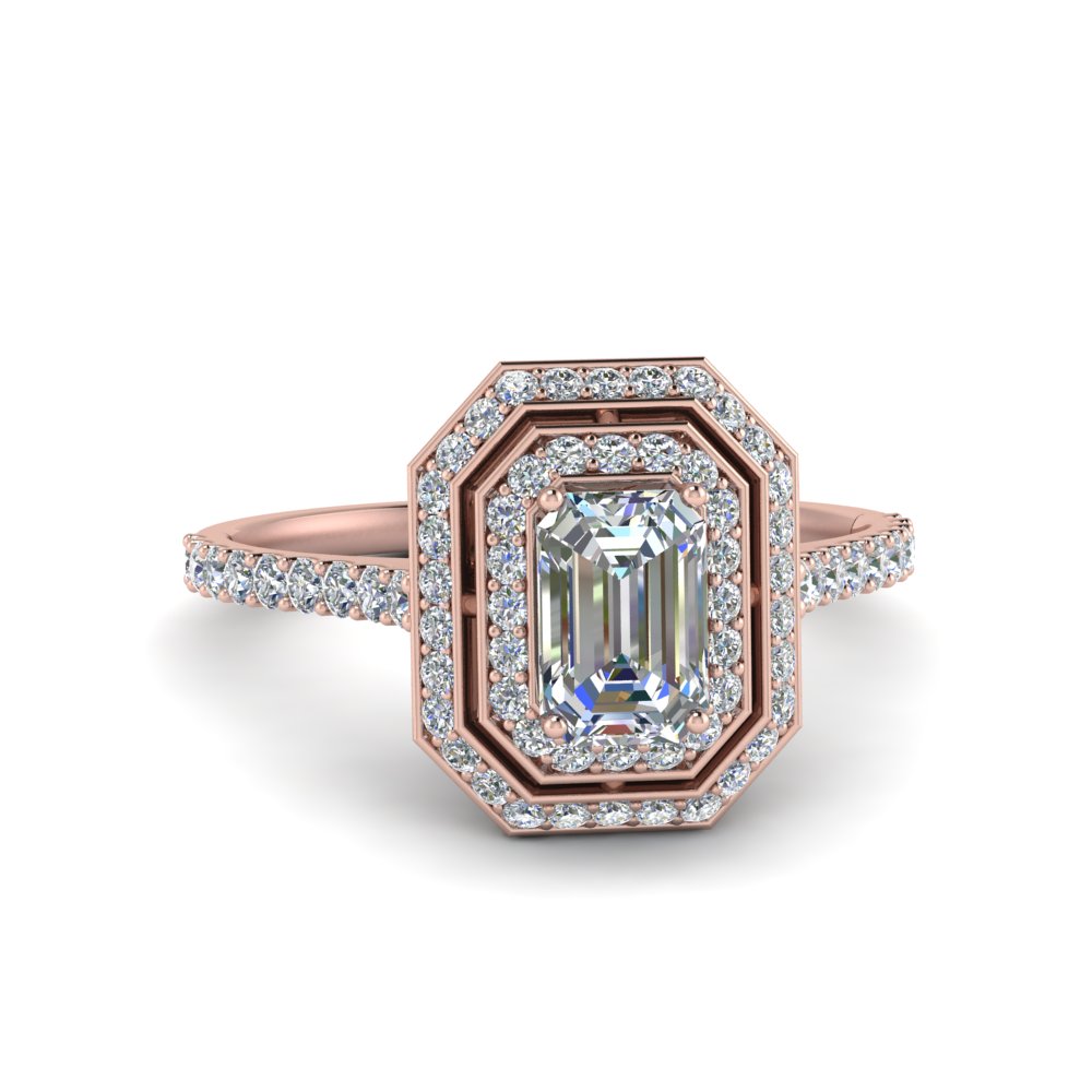 Petite Emerald Cut Diamond Engagement Ring With Double Halo In 14k