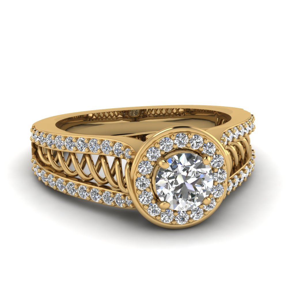 Pave Halo Diamond Engagement Ring Handmade Jewelry For Women In 14K Yellow Gold | Fascinating ...