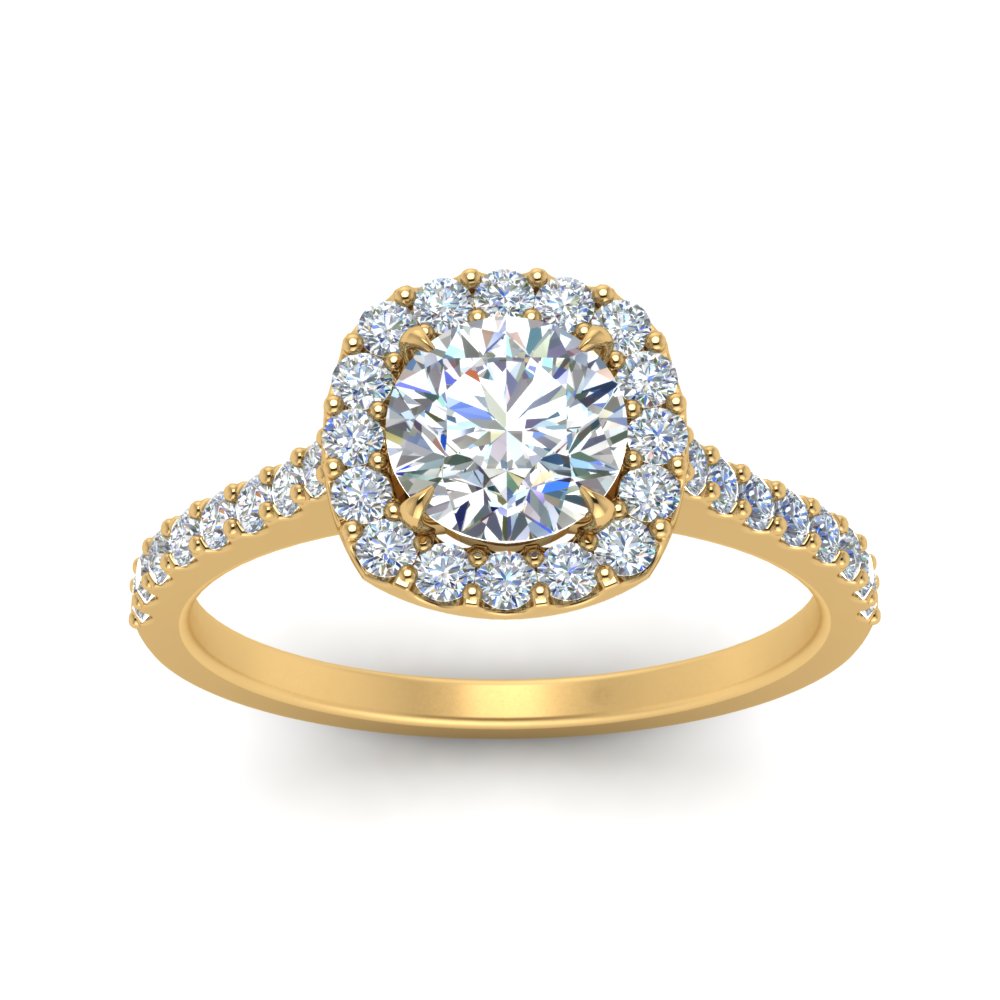 Pave Halo Round Diamond Engagement Ring In 14K Yellow Gold ...