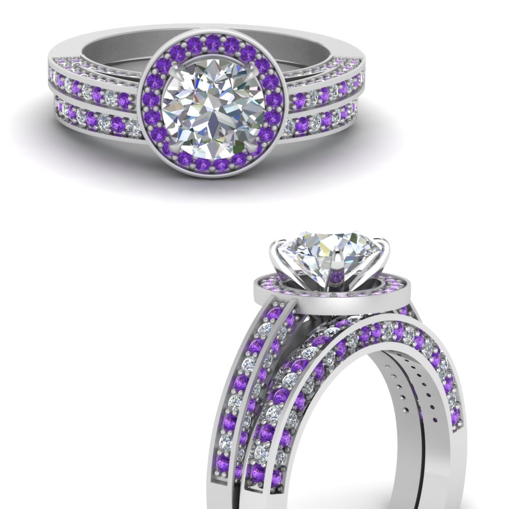 Pave Round Diamond Halo Wedding Ring Set With Purple Topaz