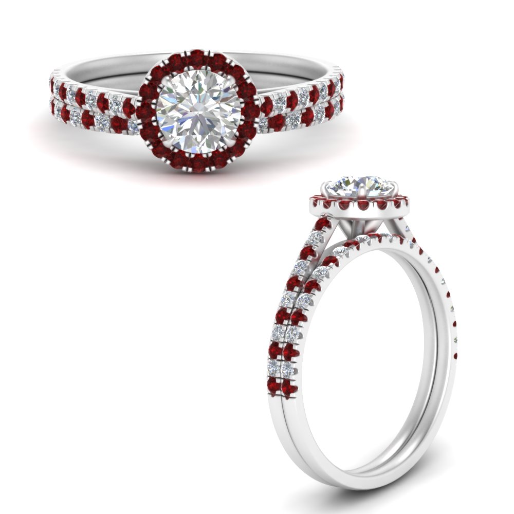 Pave Round Halo Diamond Wedding Band Set With Ruby In 950
