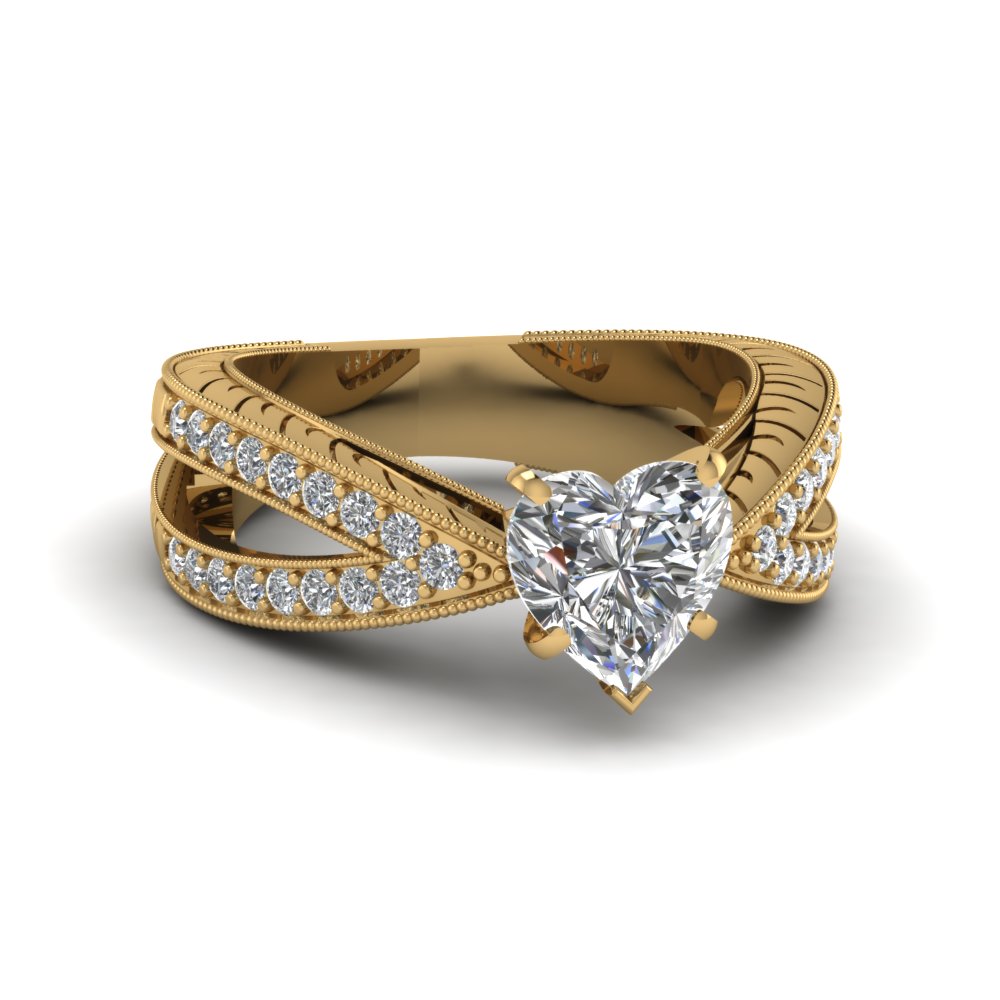 pave split band 1 ct. heart shaped antique diamond engagement ring in 18K yellow gold FDENR7428HTR NL YG