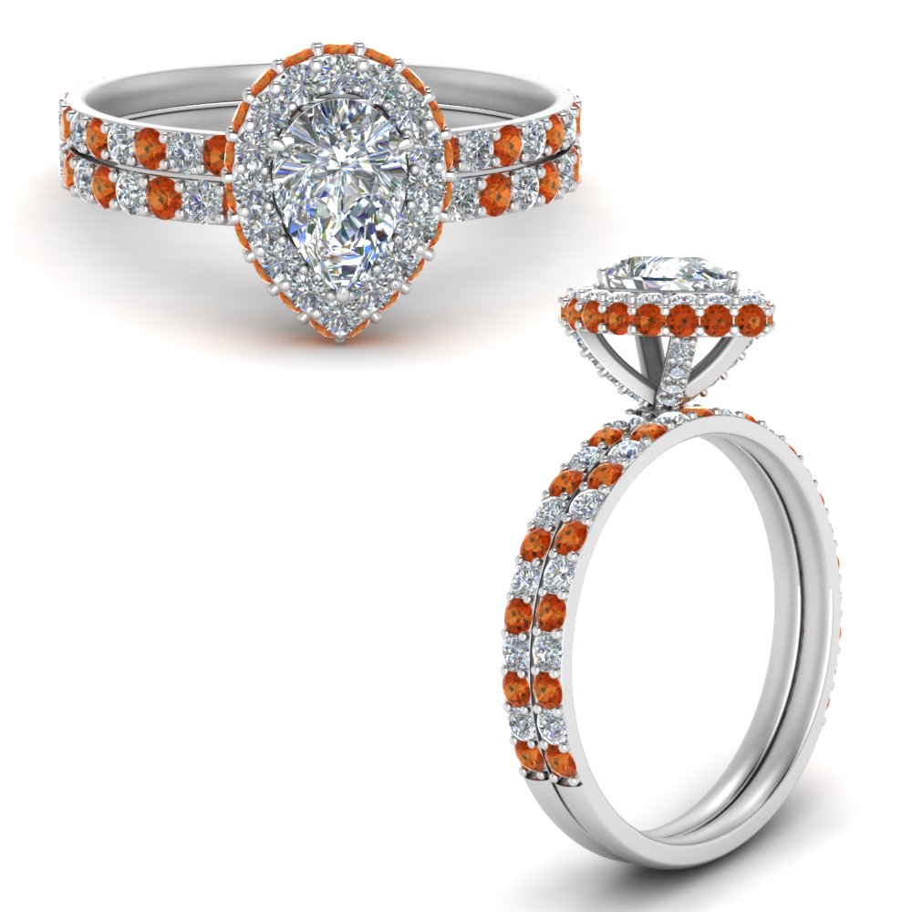 pear rollover diamond halo bridal ring set with orange sapphire in FD9376PEGSAORANGLE3 NL WG
