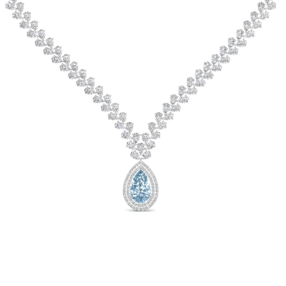 Pear Shape Drop Leaf Diamond Necklace For Women With Aquamarine In 950 ...