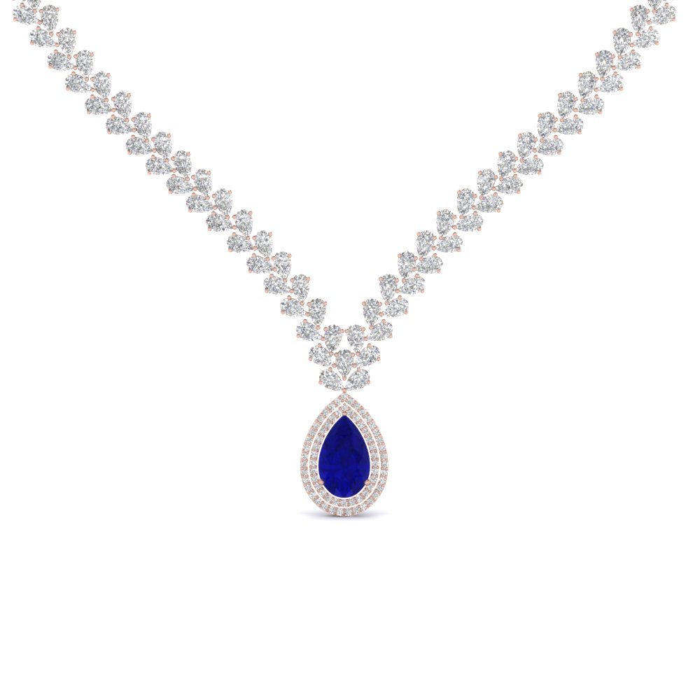 Pear Shape Drop Leaf Diamond Necklace For Women With Sapphire In 14K Rose  Gold