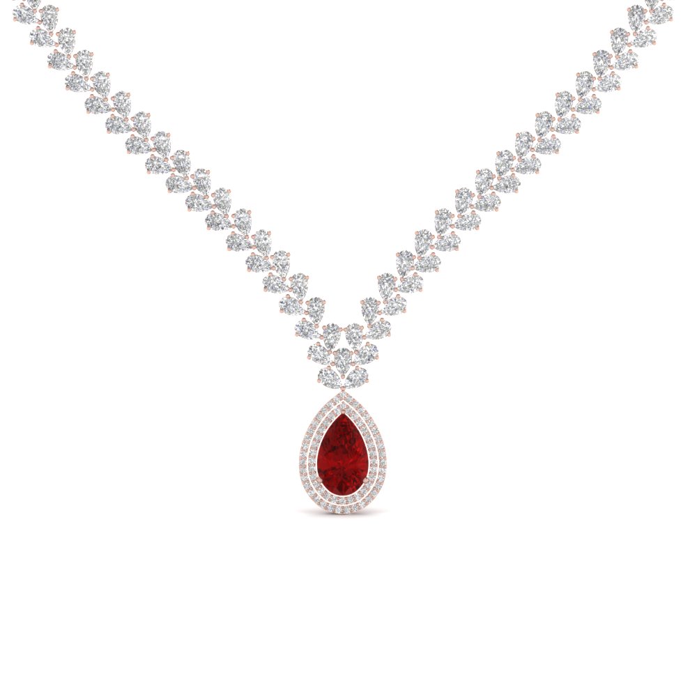 pear shape drop leaf diamond necklace for women with ruby in 14K rose gold FDNK8196GRUDR NL RG