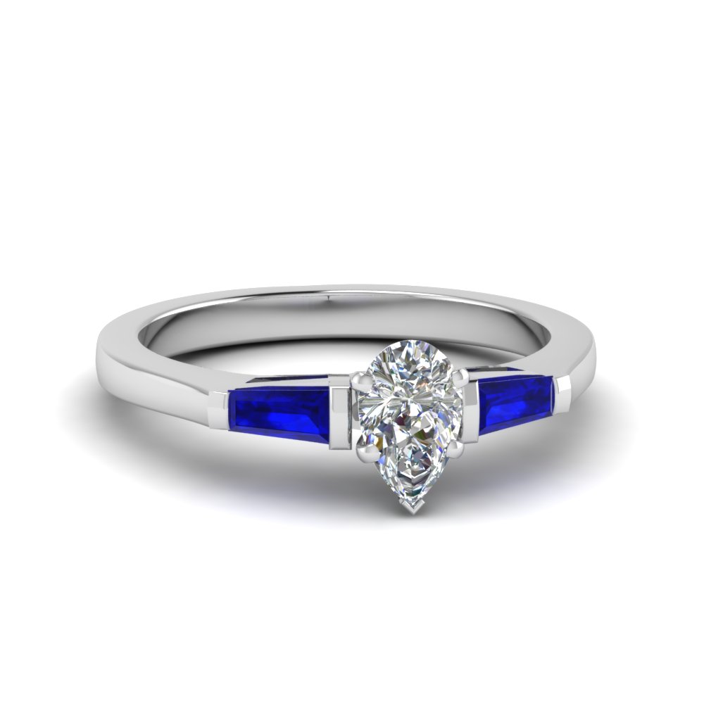 Pear Shaped 3 Stone Engagement Ring With Baguette Sapphire In 14K White ...