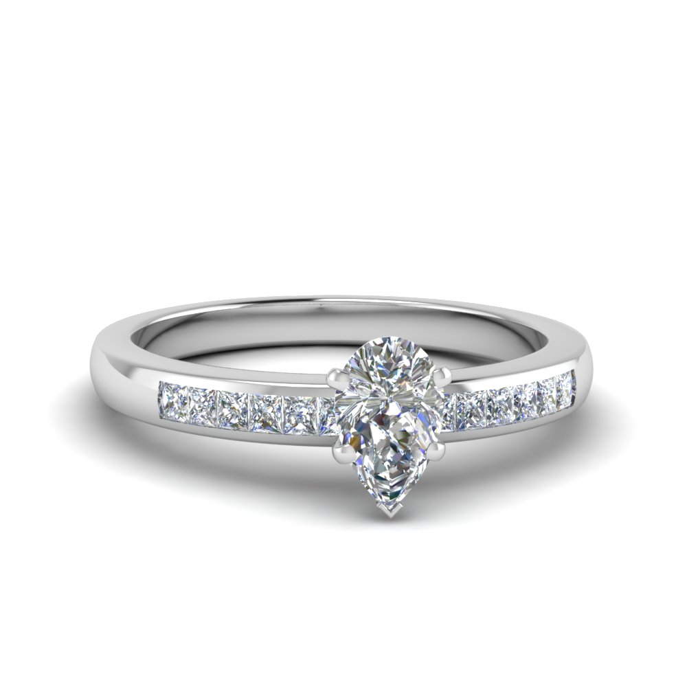 Heart Shaped Channel Princess Cut Diamond Enagagement Ring In 14K White ...