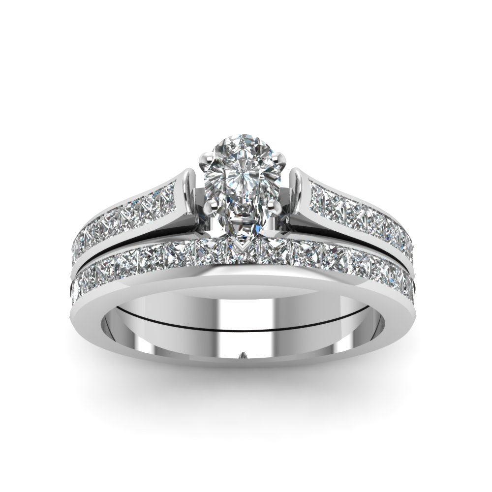 Pear Shaped Channel Set Diamond Wedding Ring Sets In 14K