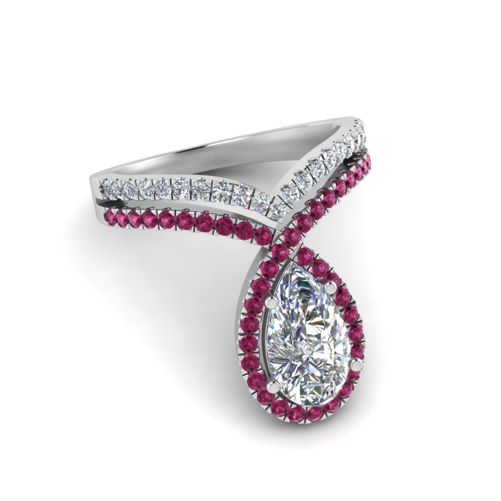pear shaped curve halo diamond engagement ring with pink sapphire in white gold FD9144PERGSADRPIANGLE1 NL WG