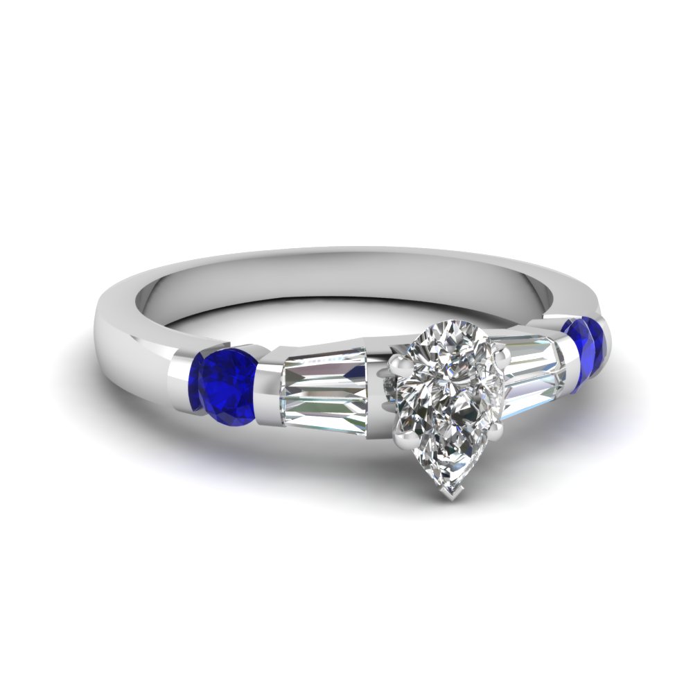 Details about   2.5 Pear Baguette 3Stone Blue Sapphire CZ Promise Engagement Ring 14k White Gold