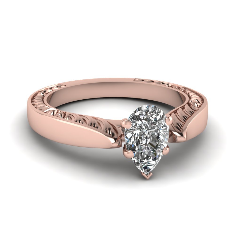 Tapered Marquise Cut Solitaire Engraved Engagement  Ring  In 