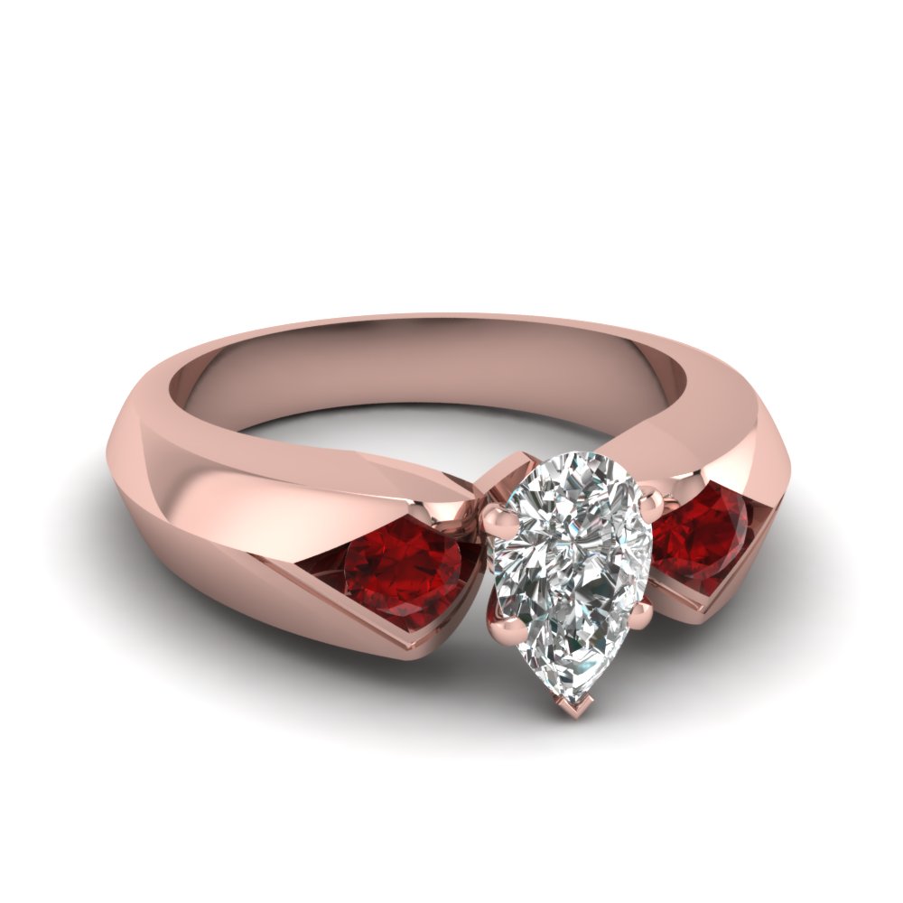 Pear Shaped Knife Edge 3 Stone Engagement Ring With Ruby In 14K Rose ...