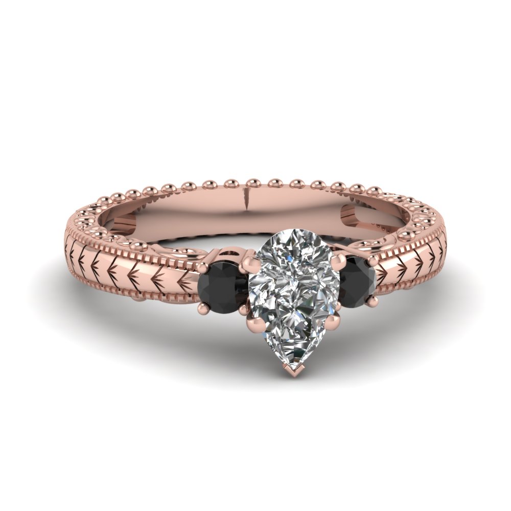 Black Diamond & Pear Diamond 3 Stone Engagement Rings