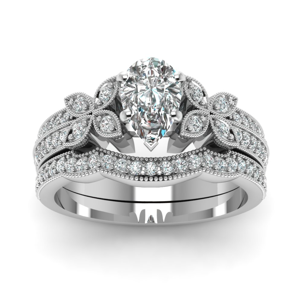 Milgrain Petal Pear Diamond Wedding Ring Set In 950 Platinum ...