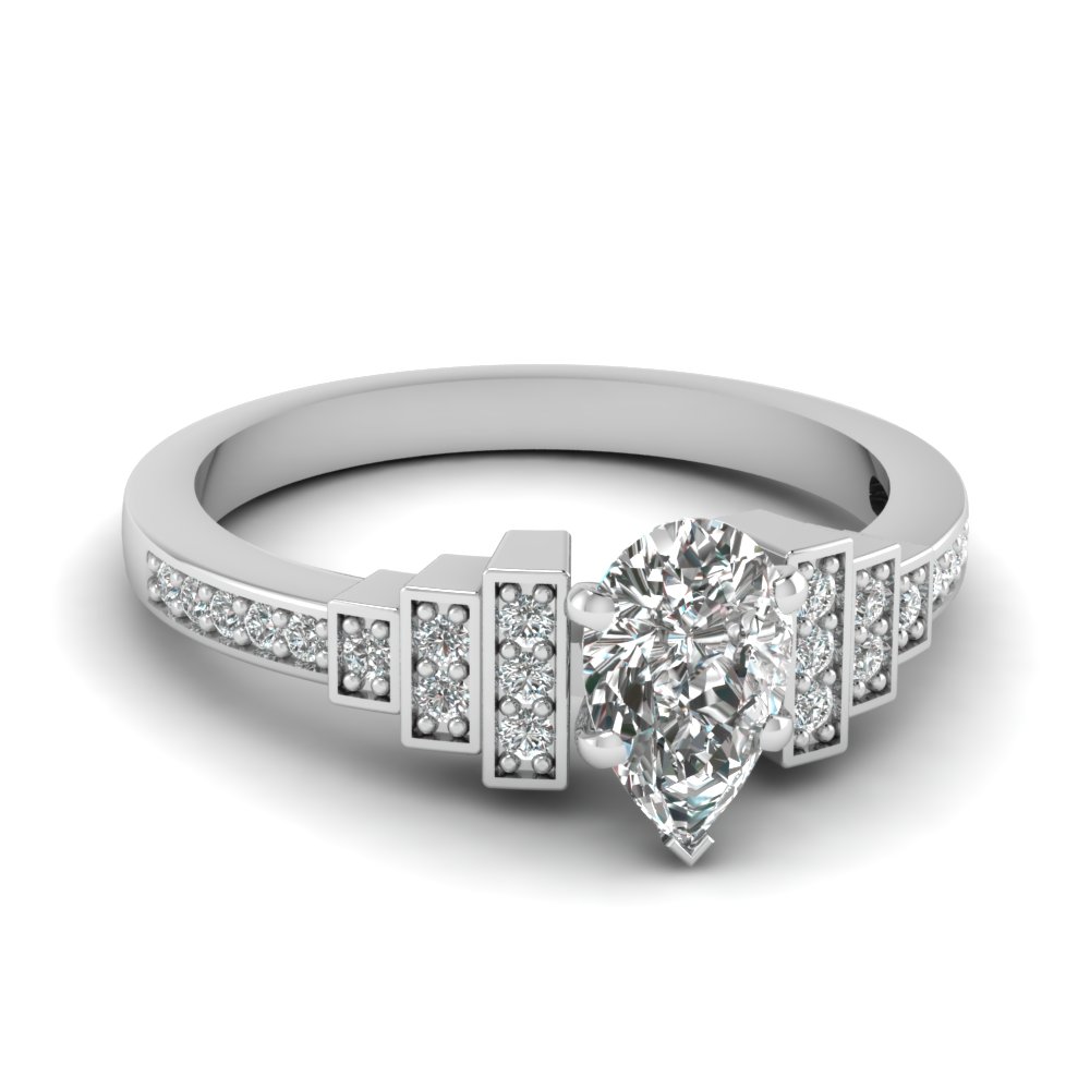 Pear Shaped Art Deco Pave Diamond Engagement Ring In 14K White Gold ...