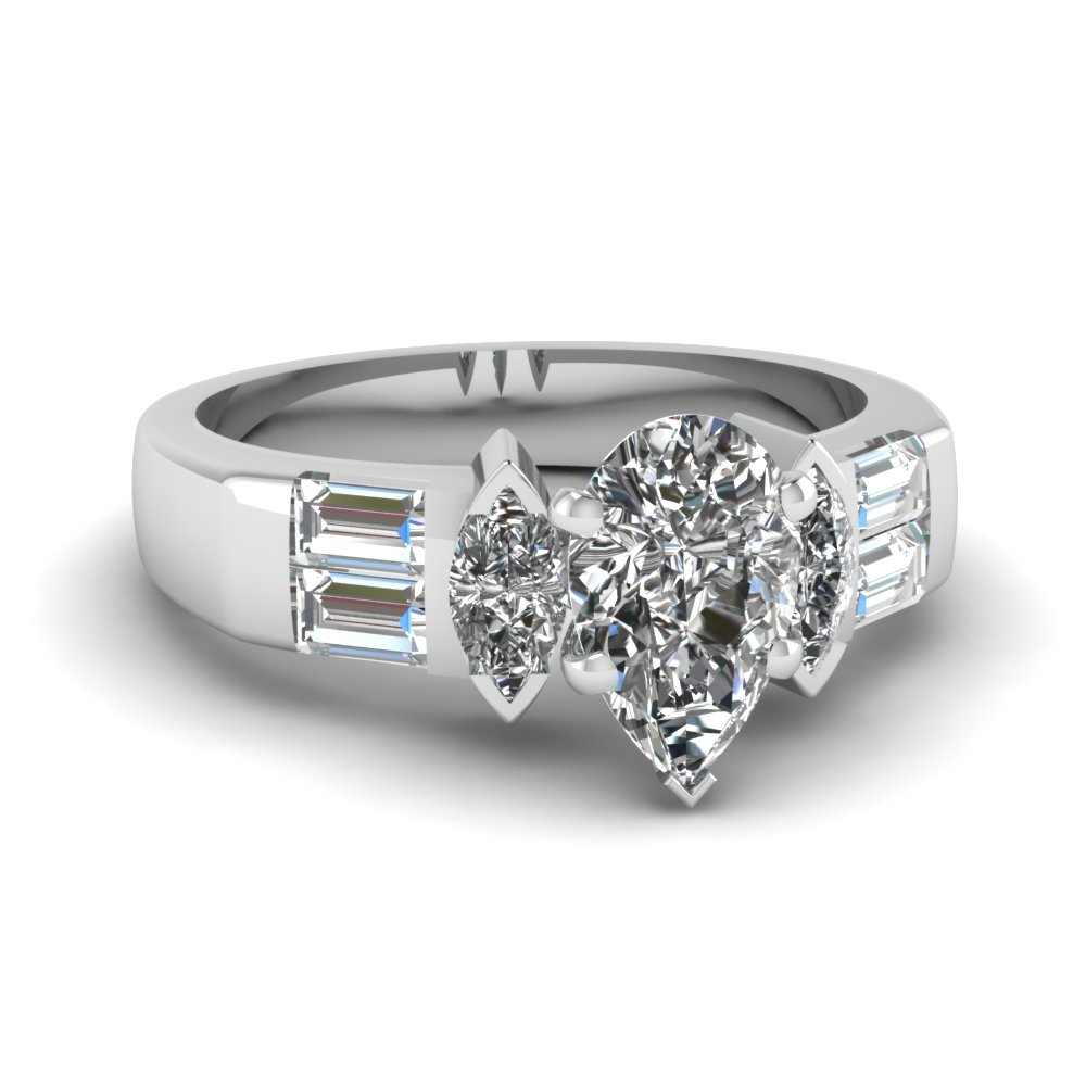 Pear Shaped Diamond Twin Marcasite Side Stone Ring In 950 Platinum Pear Shaped Diamond Twin Marcasite Side Stone Ring
