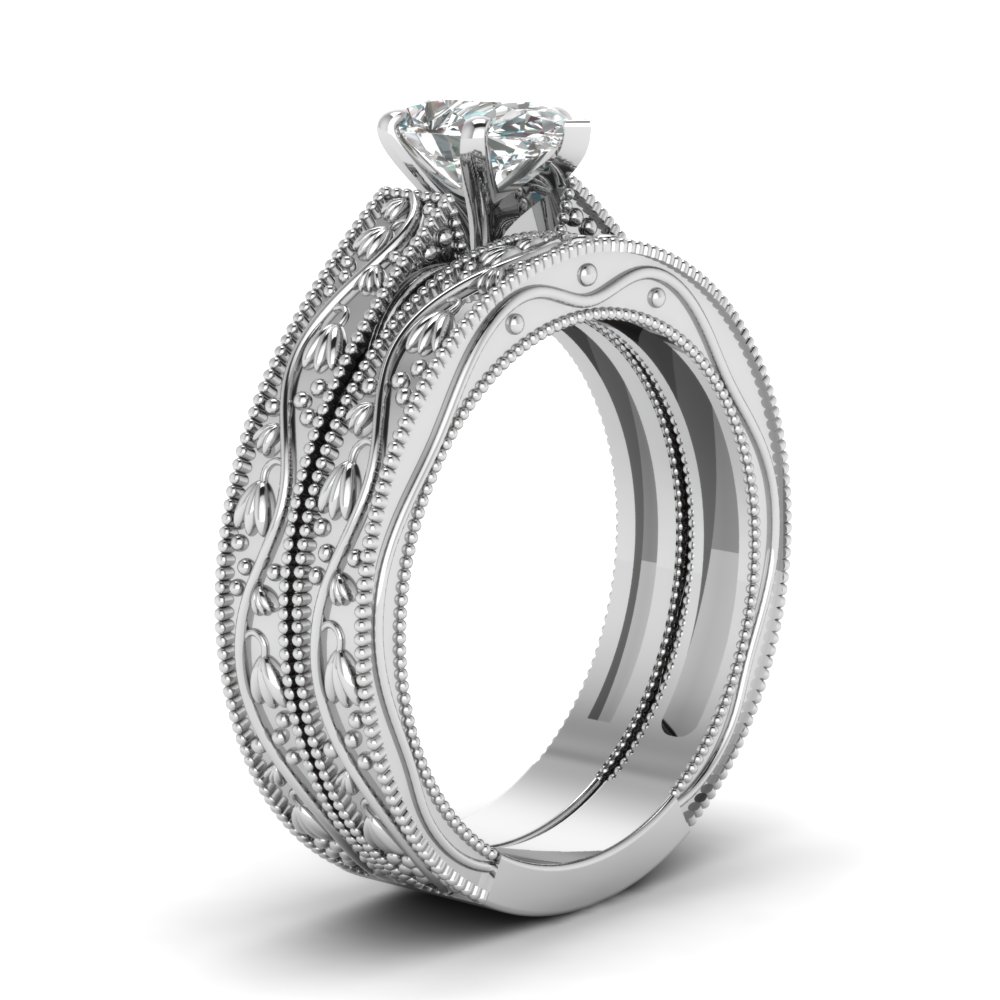 Pear Shaped  Floral Engraved Milgrain Bridal Set with White Diamond 14K White Gold