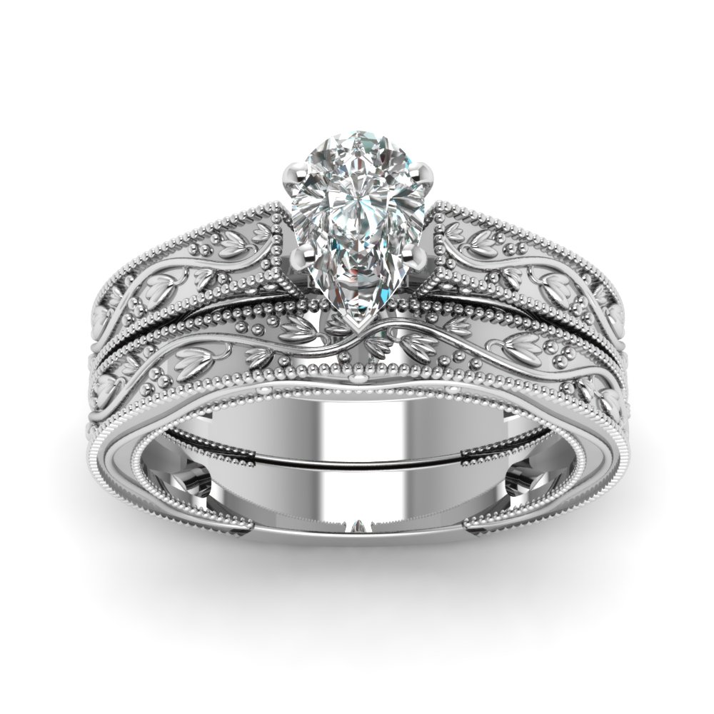 Pear Shaped  Floral Engraved Milgrain Bridal Set with White Diamond 14K White Gold