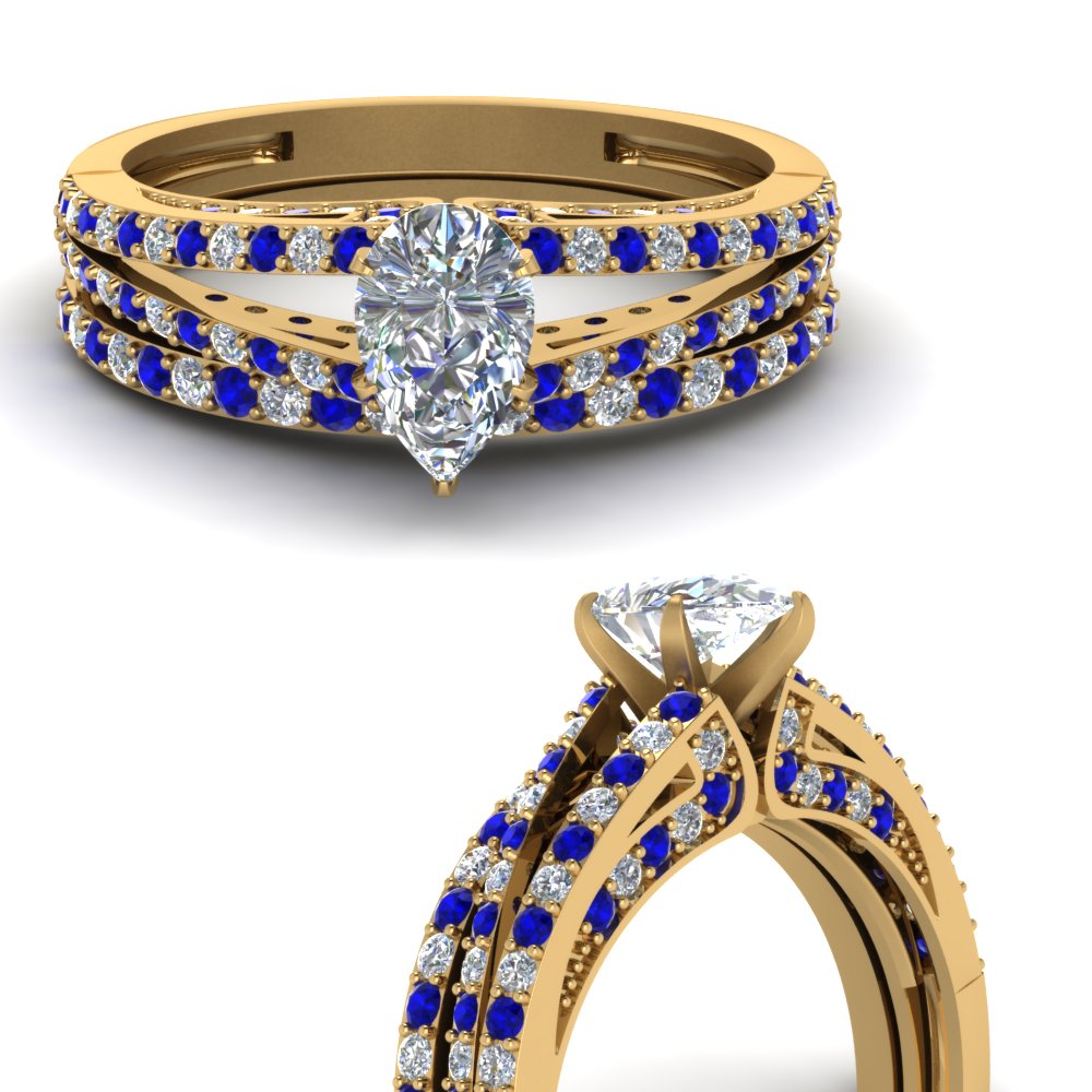 Pear Shaped Diamond Wedding Ring Set With Sapphire In 18K