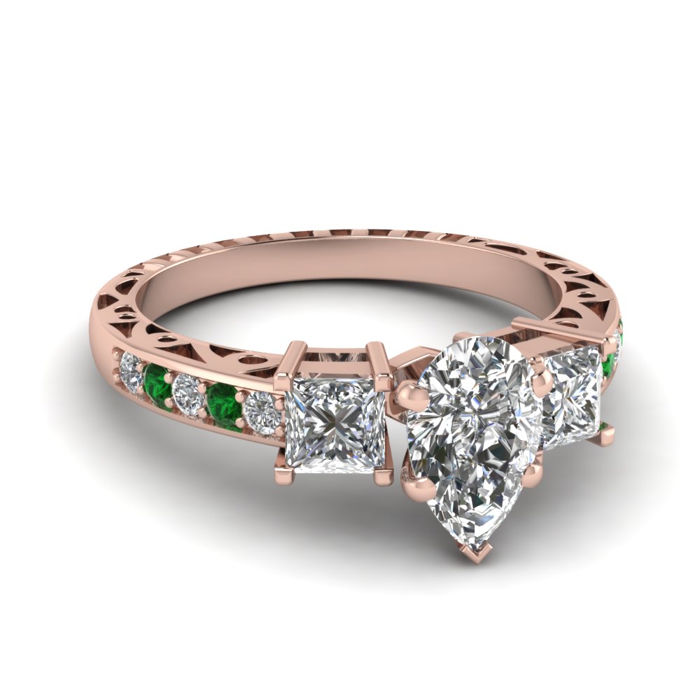 Pear Shaped Vintage Style Engagement Rings with Green Emerald in 14K Rose Gold