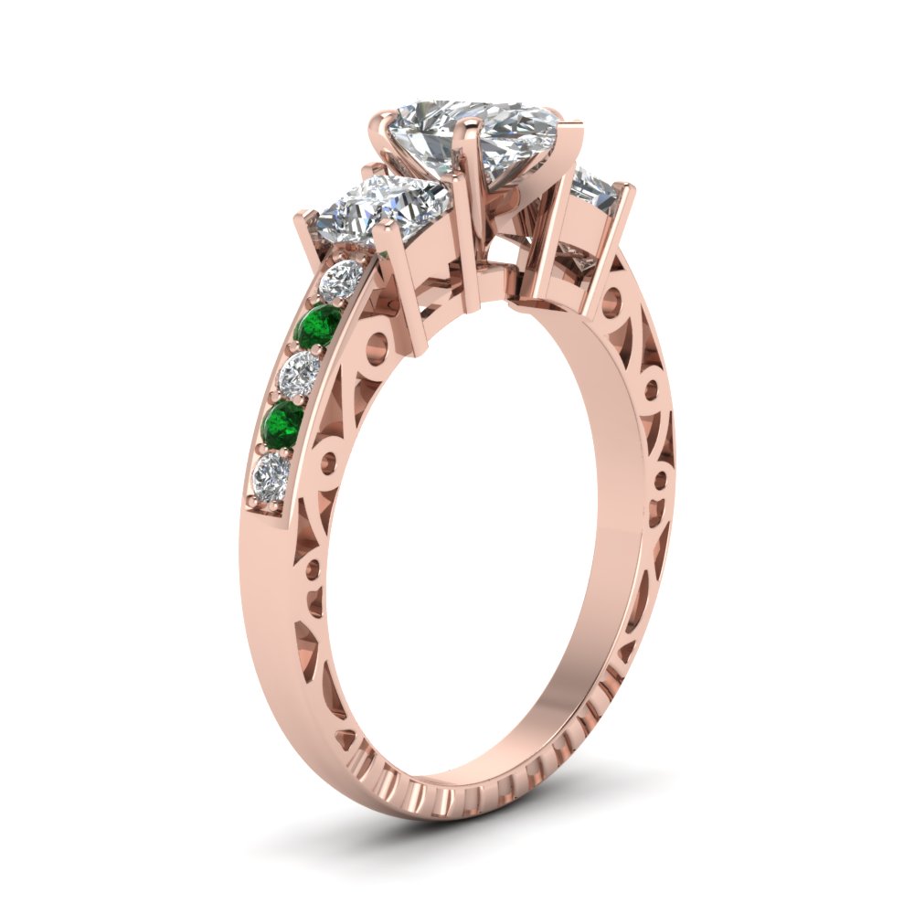 Pear Shaped Vintage Style Engagement Rings with Green Emerald in 14K Rose Gold